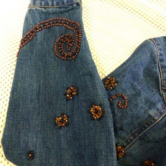 Chicos Design Embellished Denim Jacket Beaded Floral Embroidery Button Front Wom - Picture 14 of 15